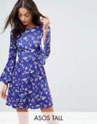 Asos Tall Swing Dress With V Back And Frill In Ditsy Floral Print - Black