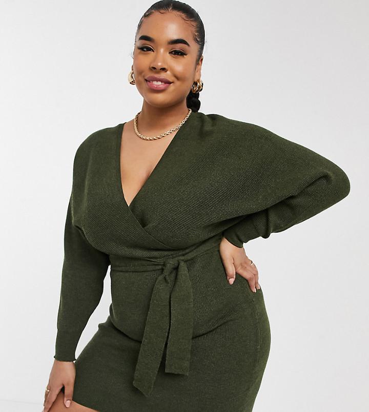 Outrageous Fortune Plus Knitted Wrap Detail Pencil Dress With Belt Detail In Khaki-green