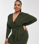 Outrageous Fortune Plus Knitted Wrap Detail Pencil Dress With Belt Detail In Khaki-green