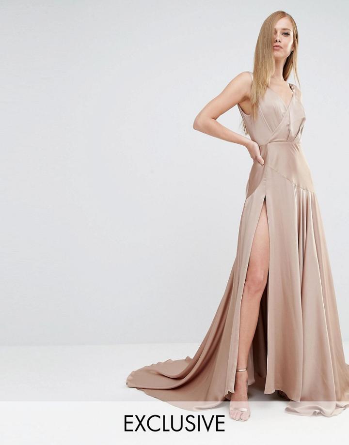 Fame And Partners Royal Satin Maxi Dress With Thigh Split - Dark Tan