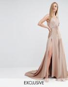 Fame And Partners Royal Satin Maxi Dress With Thigh Split - Dark Tan