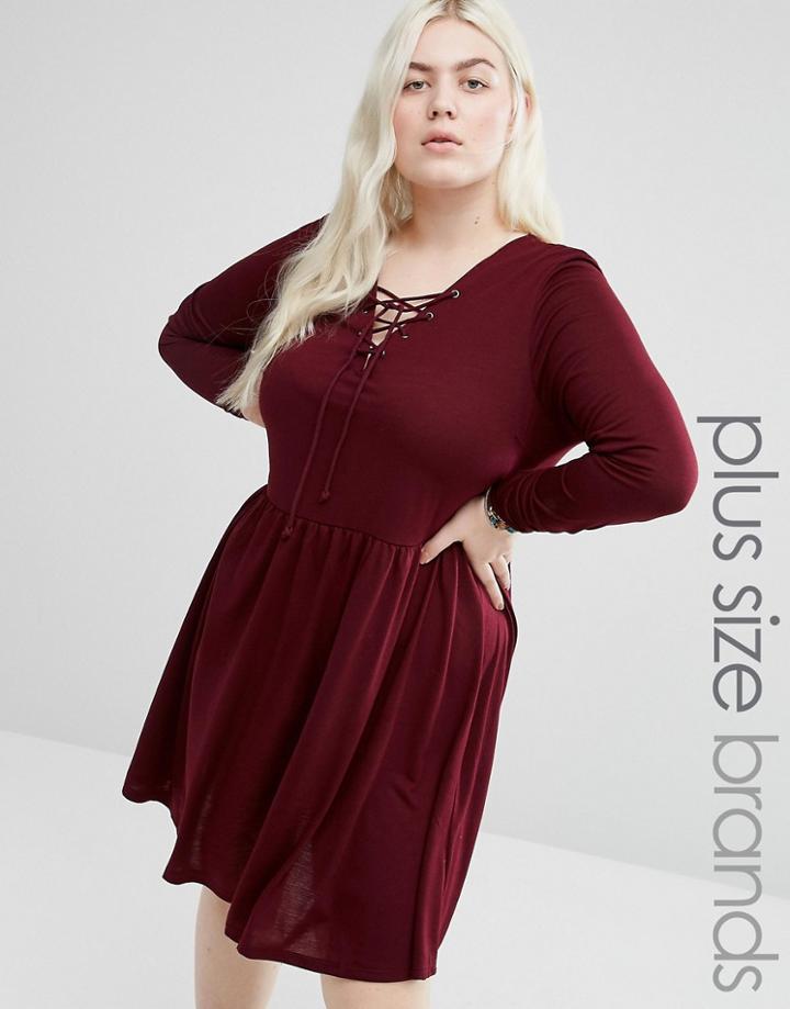 Brave Soul Plus Jersey Skater Dress With Lace Up Front - Red