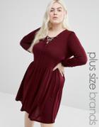 Brave Soul Plus Jersey Skater Dress With Lace Up Front - Red