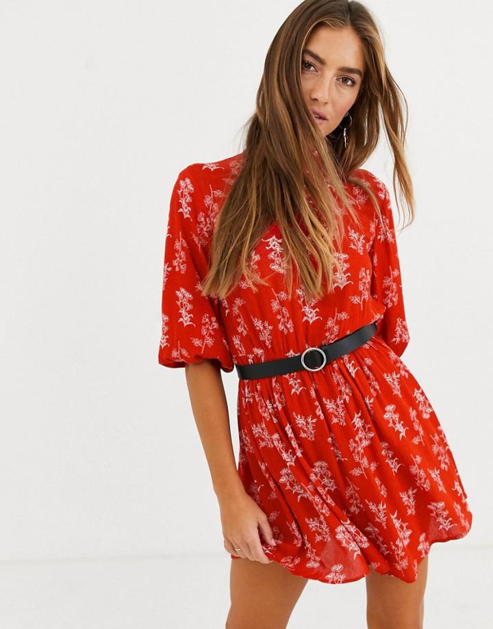 Lost Ink High Neck Shift Dress In Floral Print With Waist Belt