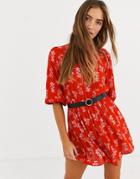 Lost Ink High Neck Shift Dress In Floral Print With Waist Belt