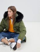 Asos Design Puffer Jacket With Waist Detail And Faux Fur Hood - Green