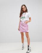 Chorus Pink Foiled Denim Skirt With Frill Hem - Pink