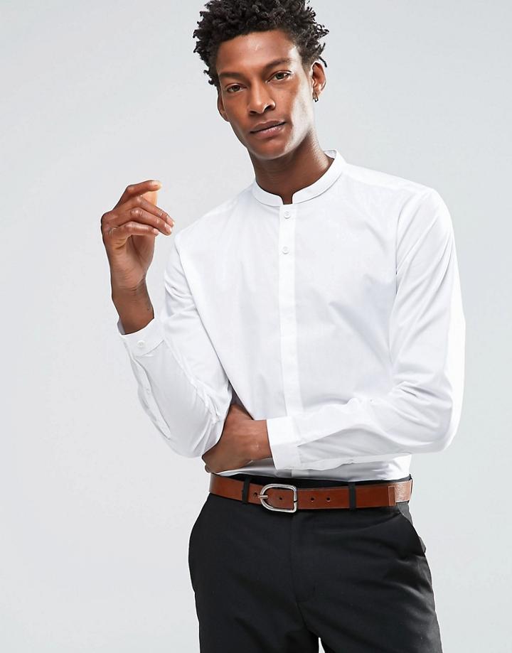 Asos White Shirt With Mandarin Collar In Regular Fit - White