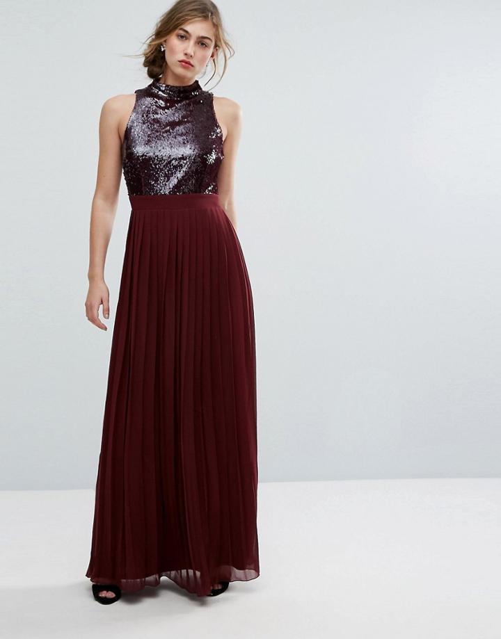 Little Mistress Allover Sequin Top Maxi Dress With Pleated Skirt - Red