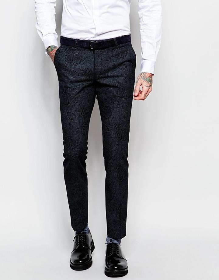 Noose & Monkey Tuxedo Suit Pants With Tonal Paisley Print In Skinny Fit - Black