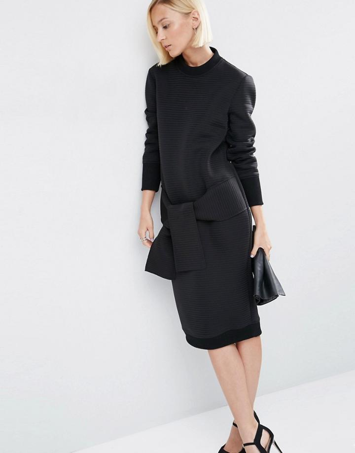 Asos White Tie Detail Midi Dress In Self Stripe - Black