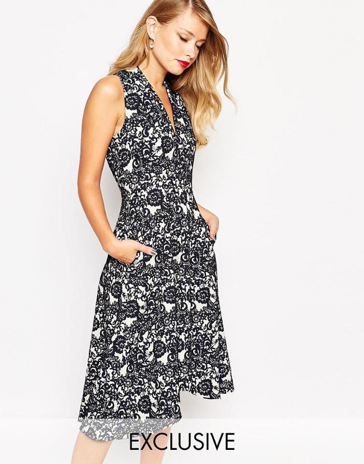 Closet High Neck Skater Dress In Jacquard - Navy Print