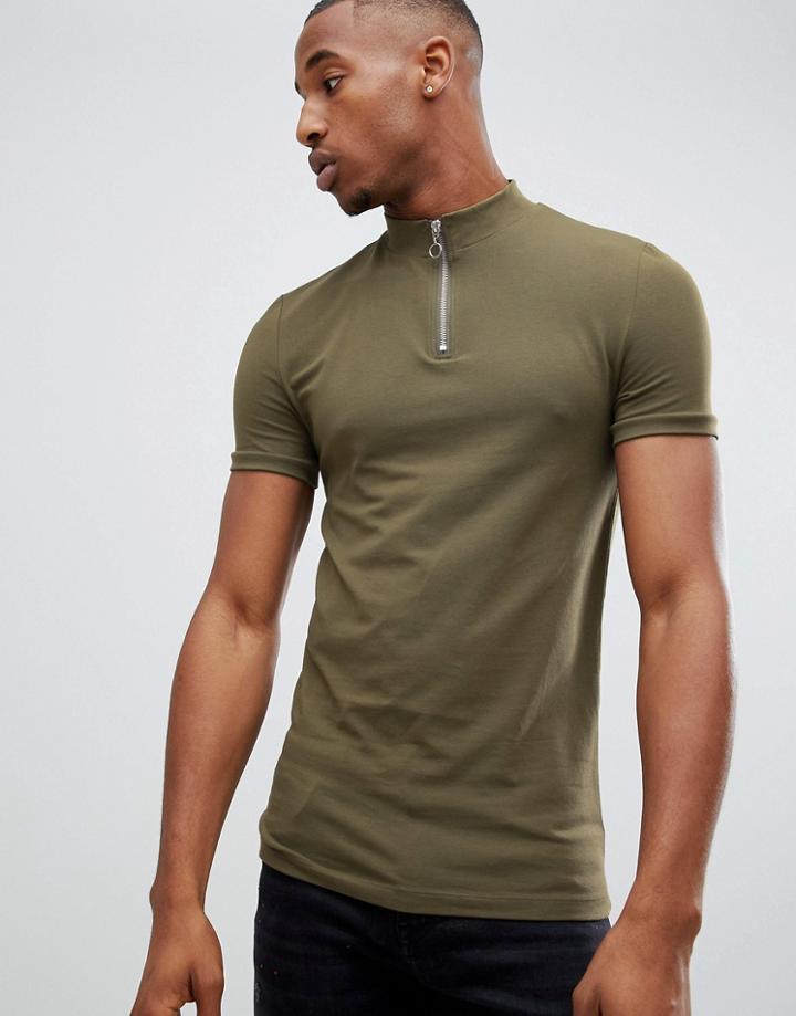 Asos Design Muscle Fit T-shirt With Zip Turtle Neck In Khaki - Green