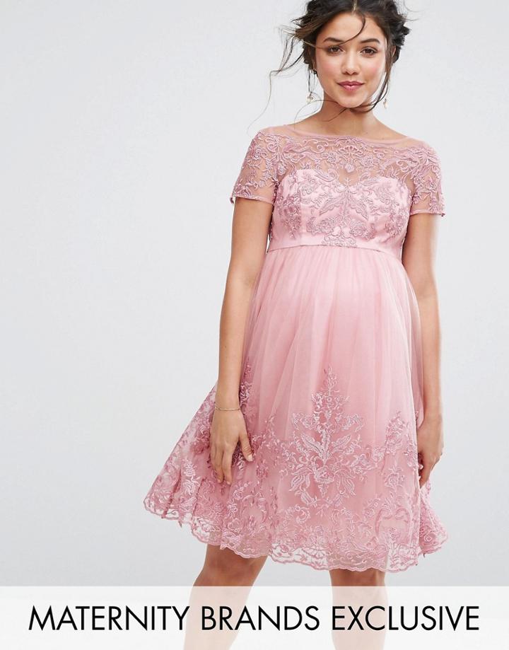 Chi Chi London Maternity Premium Embroidered Prom Dress With Tulle Skirt - Pink
