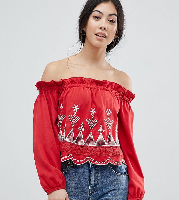 Miss Selfridge Petite Embroidered Scallop Hem Bardot Top - Red