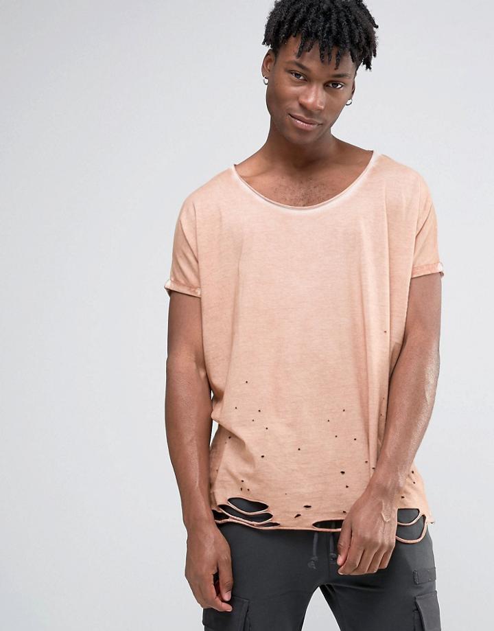 Asos Super Oversized T-shirt With Distressing & Roll Sleeves In Tan -