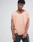Asos Super Oversized T-shirt With Distressing & Roll Sleeves In Tan -