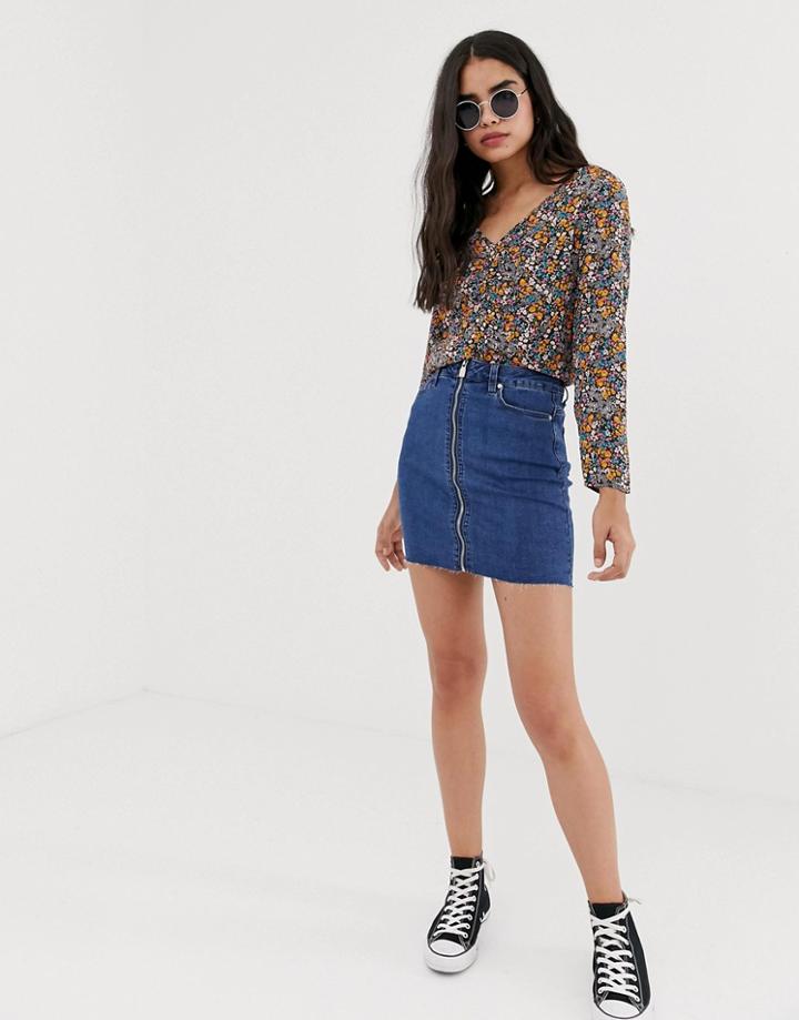 Only Pearl Zip Through Denim Skirt-blue