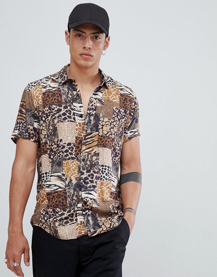 Asos Design Regular Fit Mix & Match Animal Print Shirt In Brown - Black
