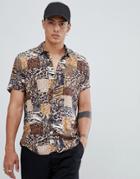Asos Design Regular Fit Mix & Match Animal Print Shirt In Brown - Black