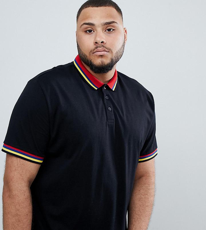Asos Design Plus Relaxed Polo Shirt With Rainbow Tipping In Black - Black