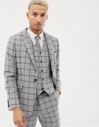 Asos Design Skinny Suit Jacket In Gray Wool Mix Windowpane Check - Gray