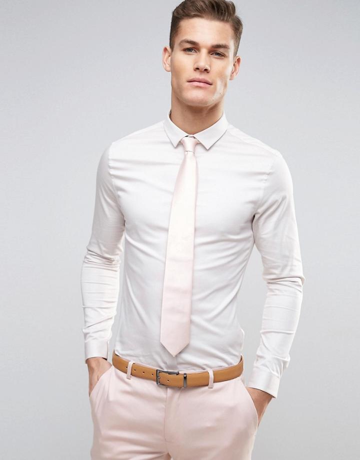 Asos Wedding Slim Fit Sateen Shirt With Turned Back Placket In Off White - White