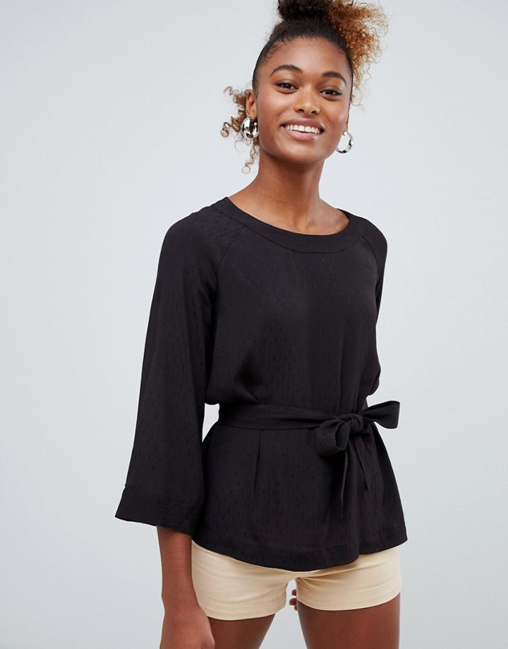 Monki Tie Waist Blouse In Black - Black