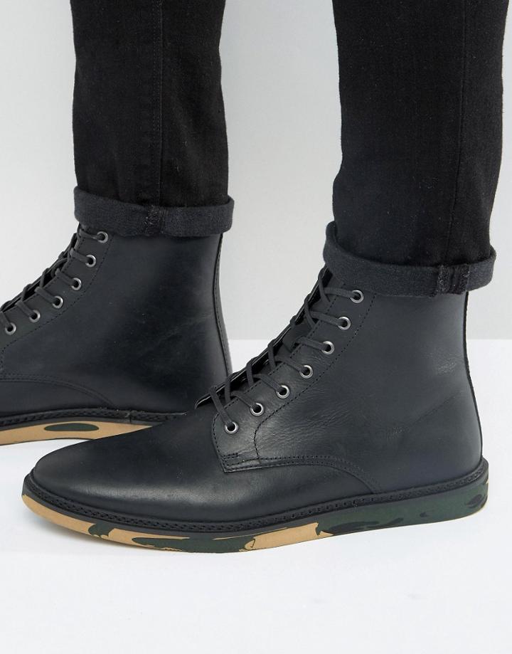 Asos Lace Up Boots In Black Leather With Camo Sole - Black