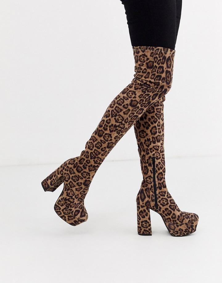 Asos Design Knockout Platform Thigh High Boots In Leopard-multi