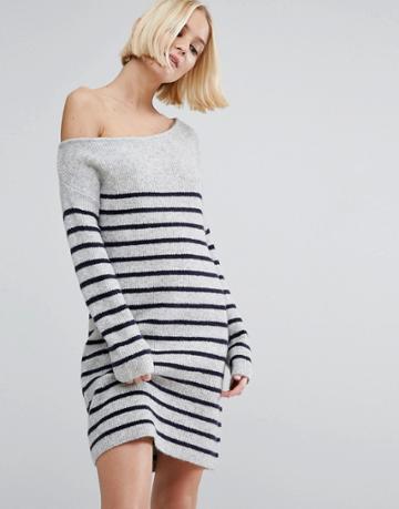 Asos Sweater Dress With Off Shoulder In Stripe - Gray