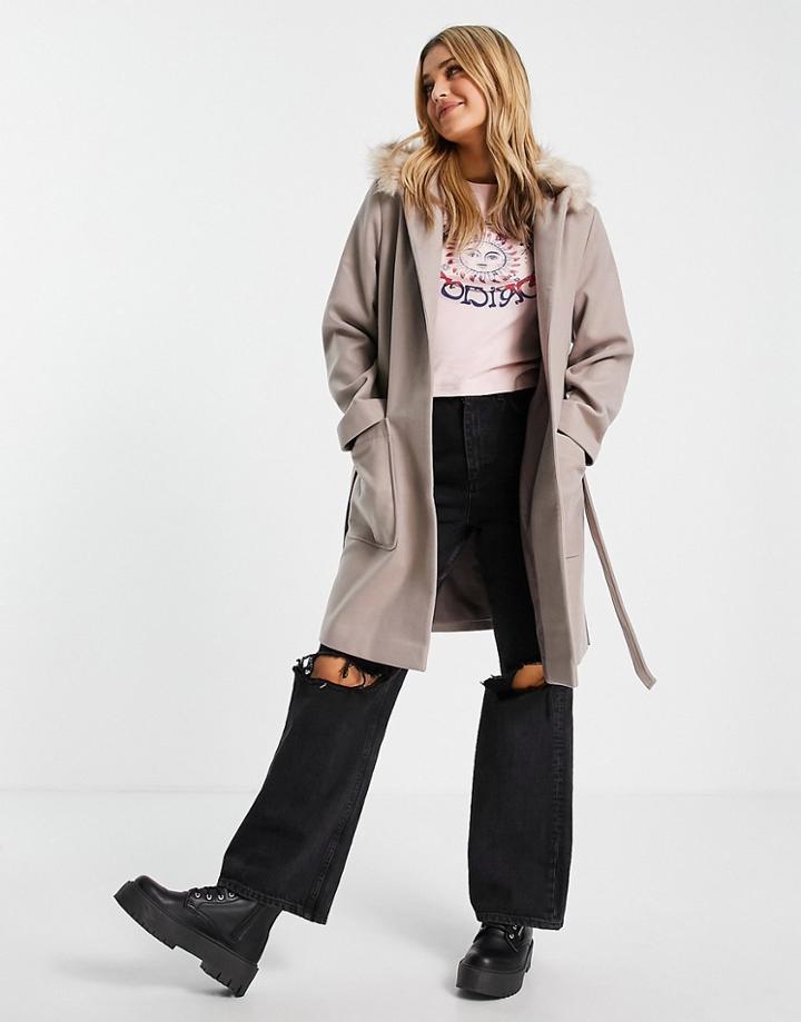 Miss Selfridge Faux Fur Collar Skater Wrap Coat In Mink-brown
