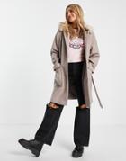 Miss Selfridge Faux Fur Collar Skater Wrap Coat In Mink-brown