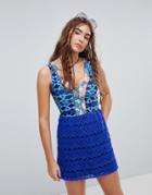 Maaji Bright Blue Paisley Print Embroidered Lace Beach Dress - Blue