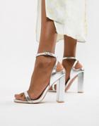 Lost Ink Silver Block Heel Ankle Strap Sandals - Silver