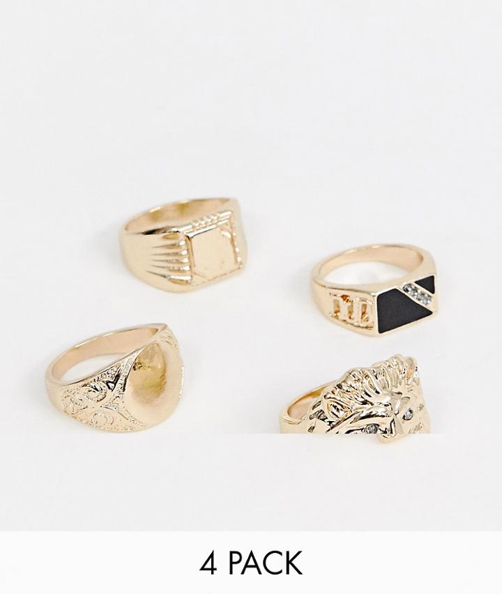 Asos Design Vintage Style Signet Ring Pack With Lion In Gold Tone - Gold