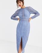 Asos Design Long Sleeve Pencil Dress In Lace With Geo Lace Trims