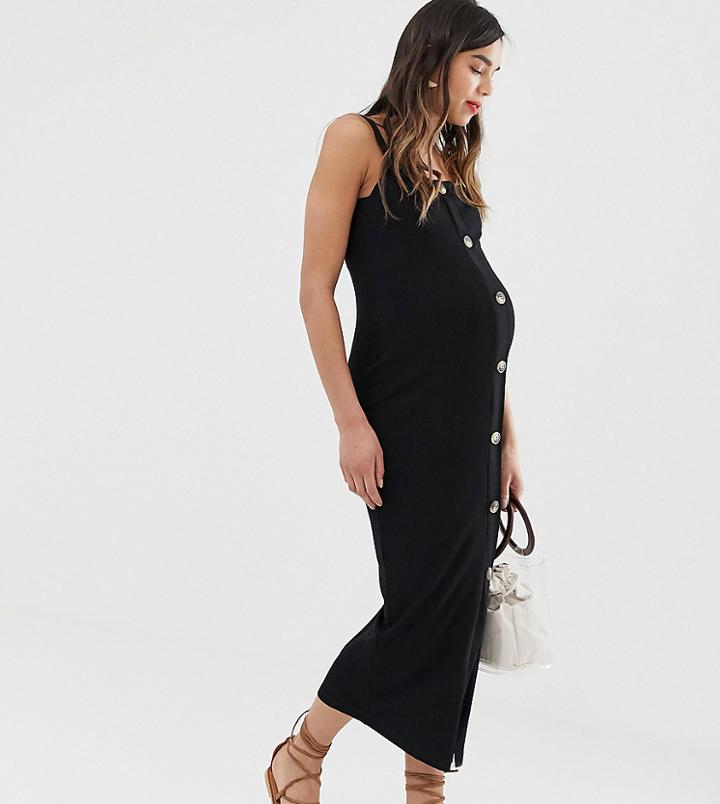 Asos Design Maternity Faux Horn Button City Maxi Rib Dress-black