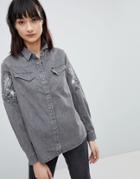 Wrangler Denim Shirt With Eagle Embroidered Sleeves - Gray