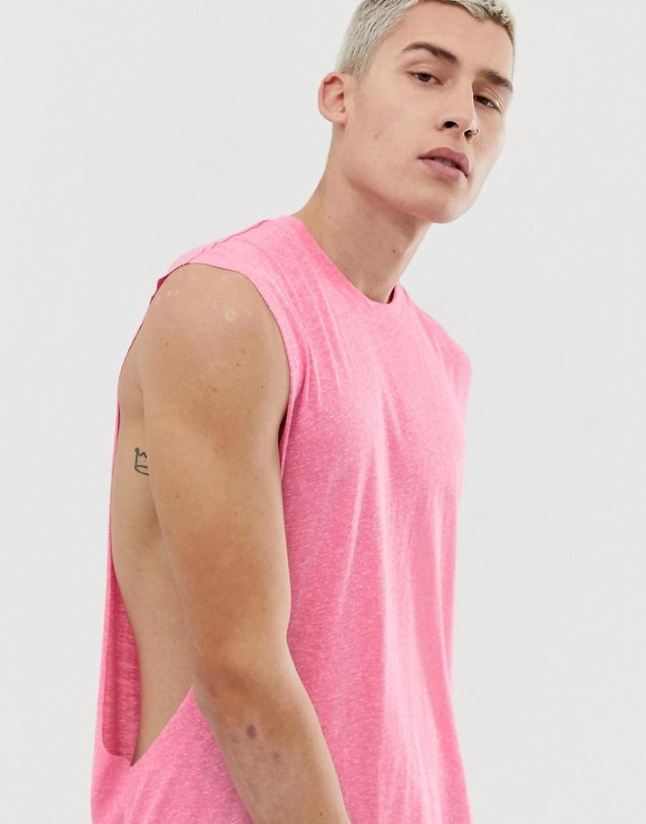 Asos Design Relaxed Sleeveless T-shirt With Extreme Dropped Armhole In Linen Mix In Pink - Pink