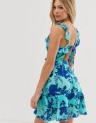 Parisian Wrap Front Dress With Frill Detail In Shadow Floral Print - Blue