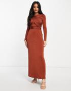 Asos Design Long Sleeve Twist Halter Front Maxi Dress In Rust-multi
