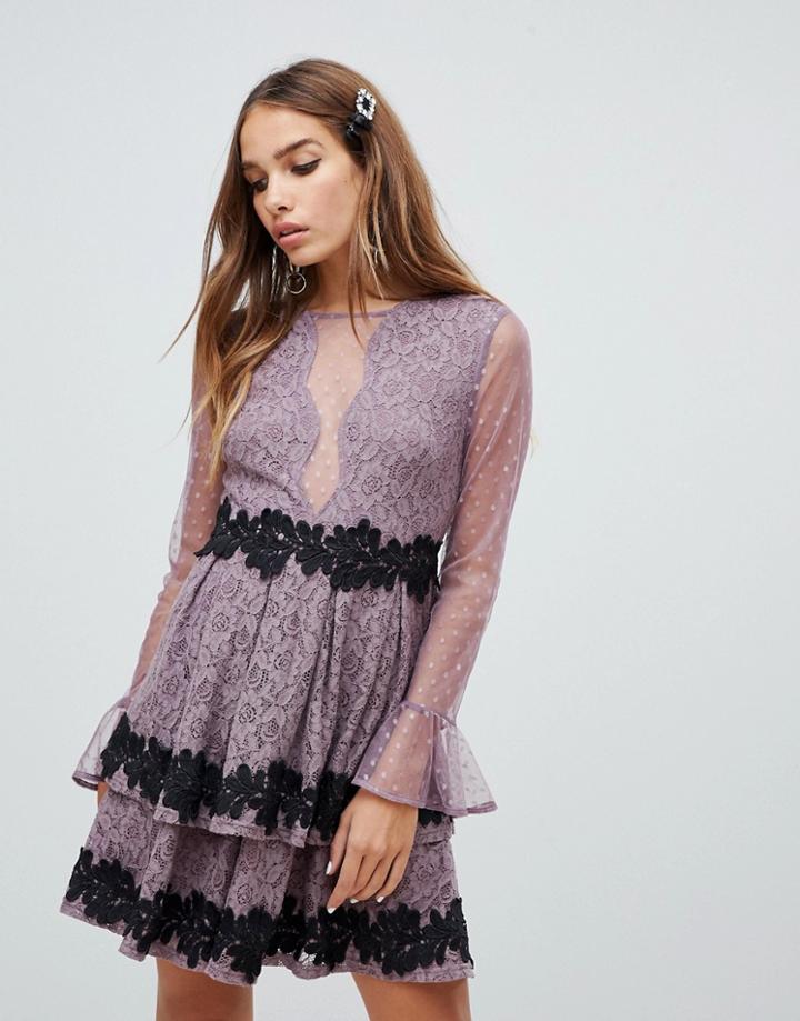 Dolly & Delicious Mesh Insert Mini Prom Dress With Floral Applique Trim In Mauve - Pink