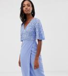 Maya Tall Sequin Top Midi Pencil Dress With Flutter Sleeve Detail In Bluebell - Blue