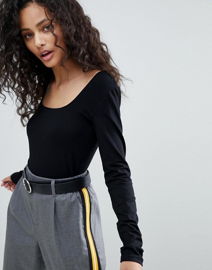 Bershka Square Neck Long Sleeve Tee - Black