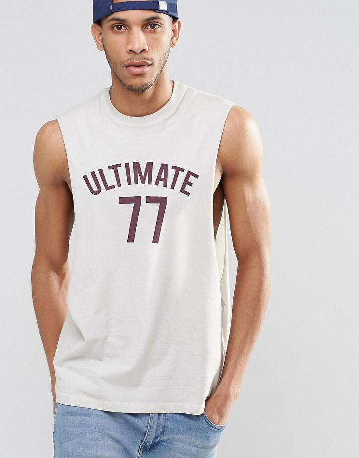 Asos Sleeveless T-shirt With Varsity Print And Oil Wash - Cream