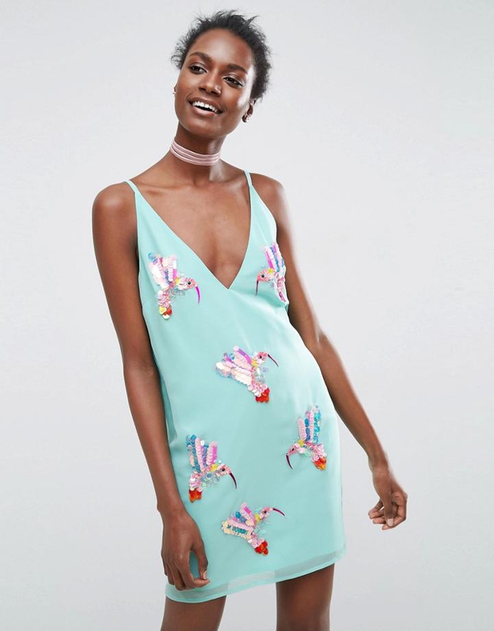 Asos Bird Embellished Cami Mini Dress - Blue