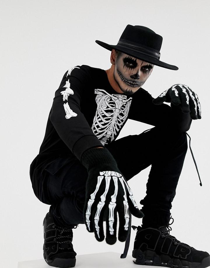 Asos Design Halloween Long Sleeve T-shirt With Rib Cage Back And Body Print - Black