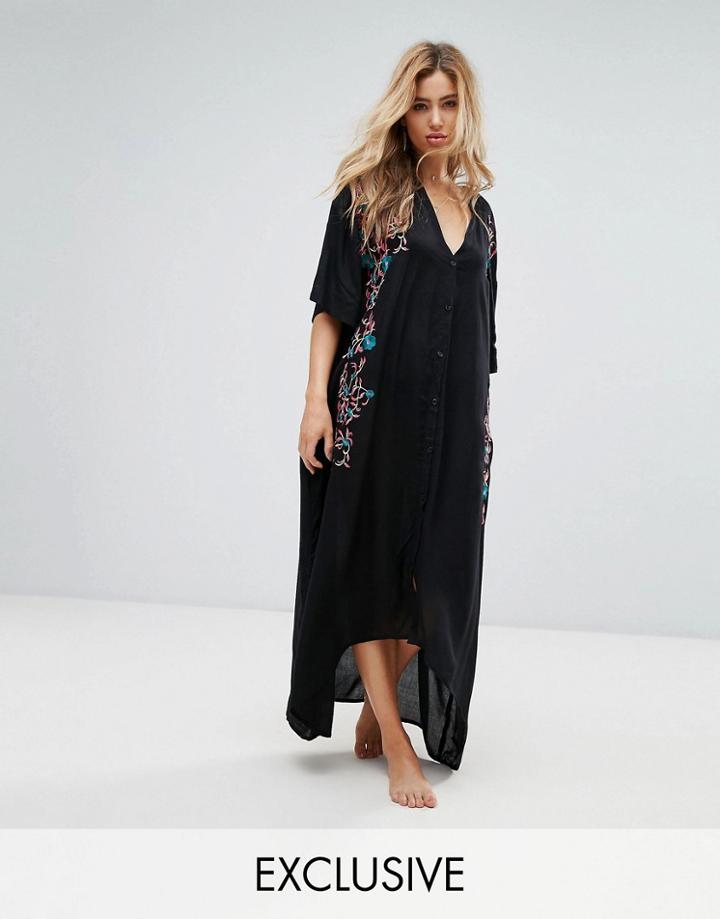 Akasa Embroidered Maxi Beach Caftan - Black