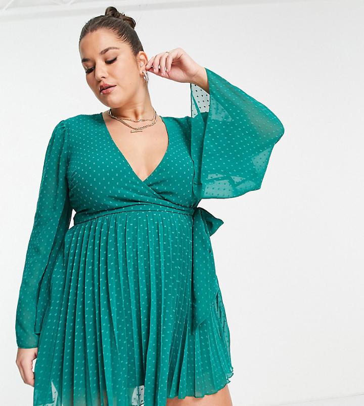 Asos Design Curve Textured Pleated Wrap Mini Dress In Antique Green